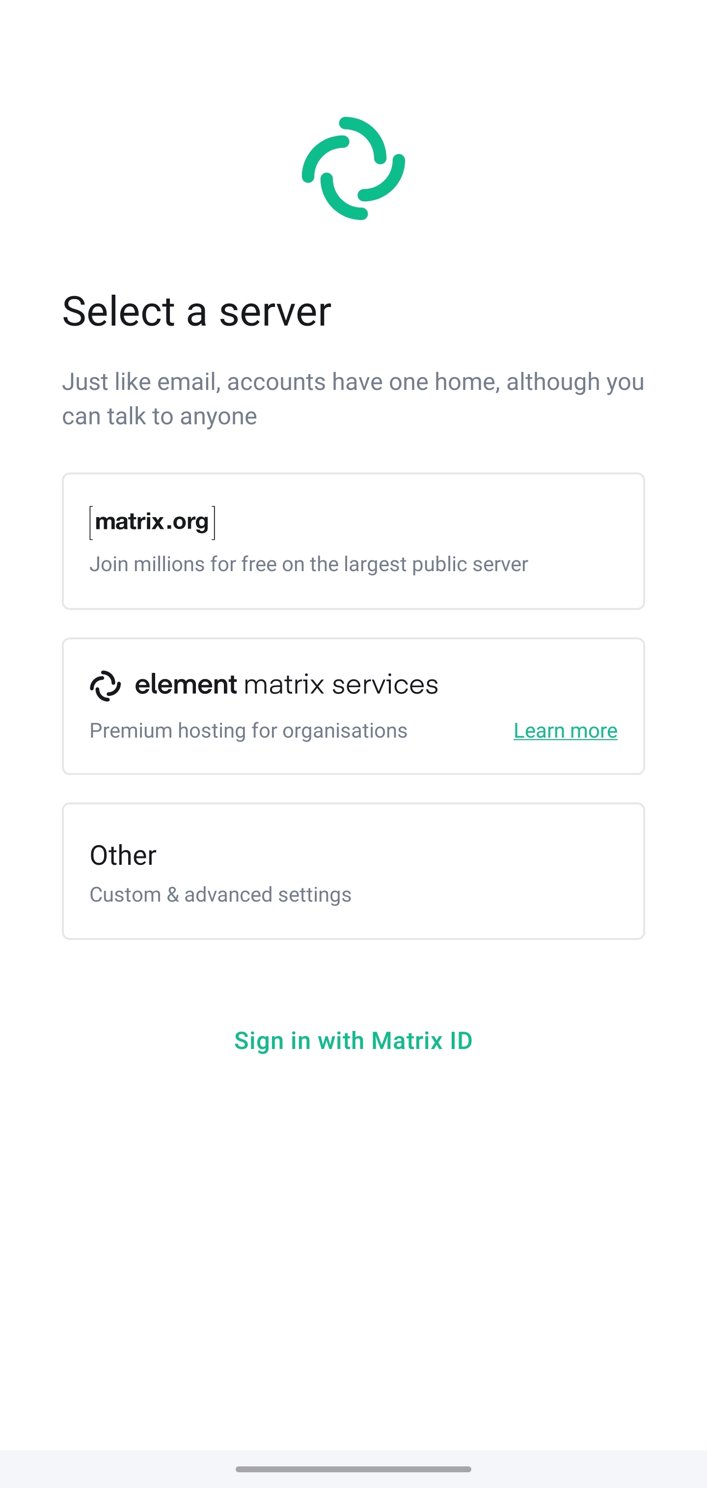 Selecting a server: You can see the options “matrix.org”, “element matrix services” and “Other”