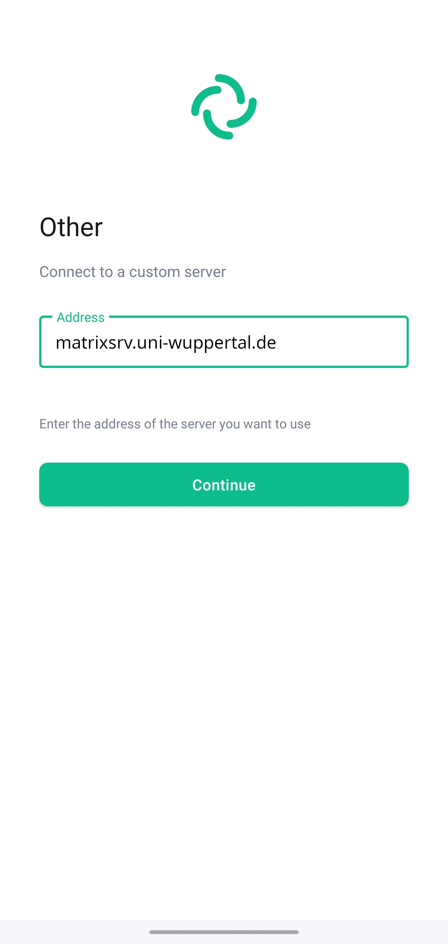 “Other” screen for connecting to another server. The Address text field requires the server address to be entered, and the Continue button is located below.