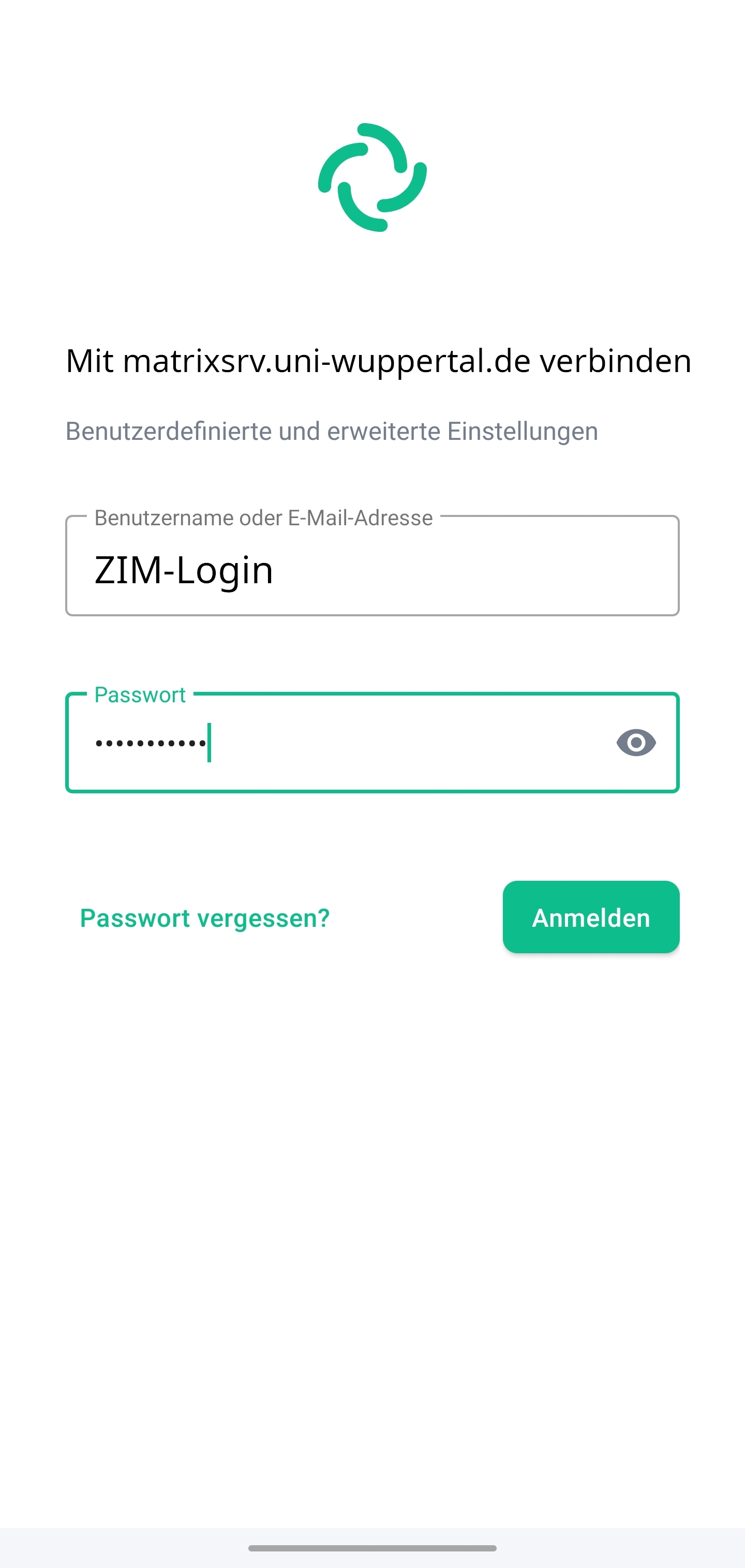 Bildschirm “Mit matrixsrv.uni-wuppertal.de” verbinden erwartet im Textfeld “Benutzername oder E-Mail-Adresse” die Eingabe des ZIM-Logins und das Textfeld “Passwort” die Eingabe des ZIM-Passworts. Zum Verbinden befindet sich der Button “Anmelden” auf der Anzeige.