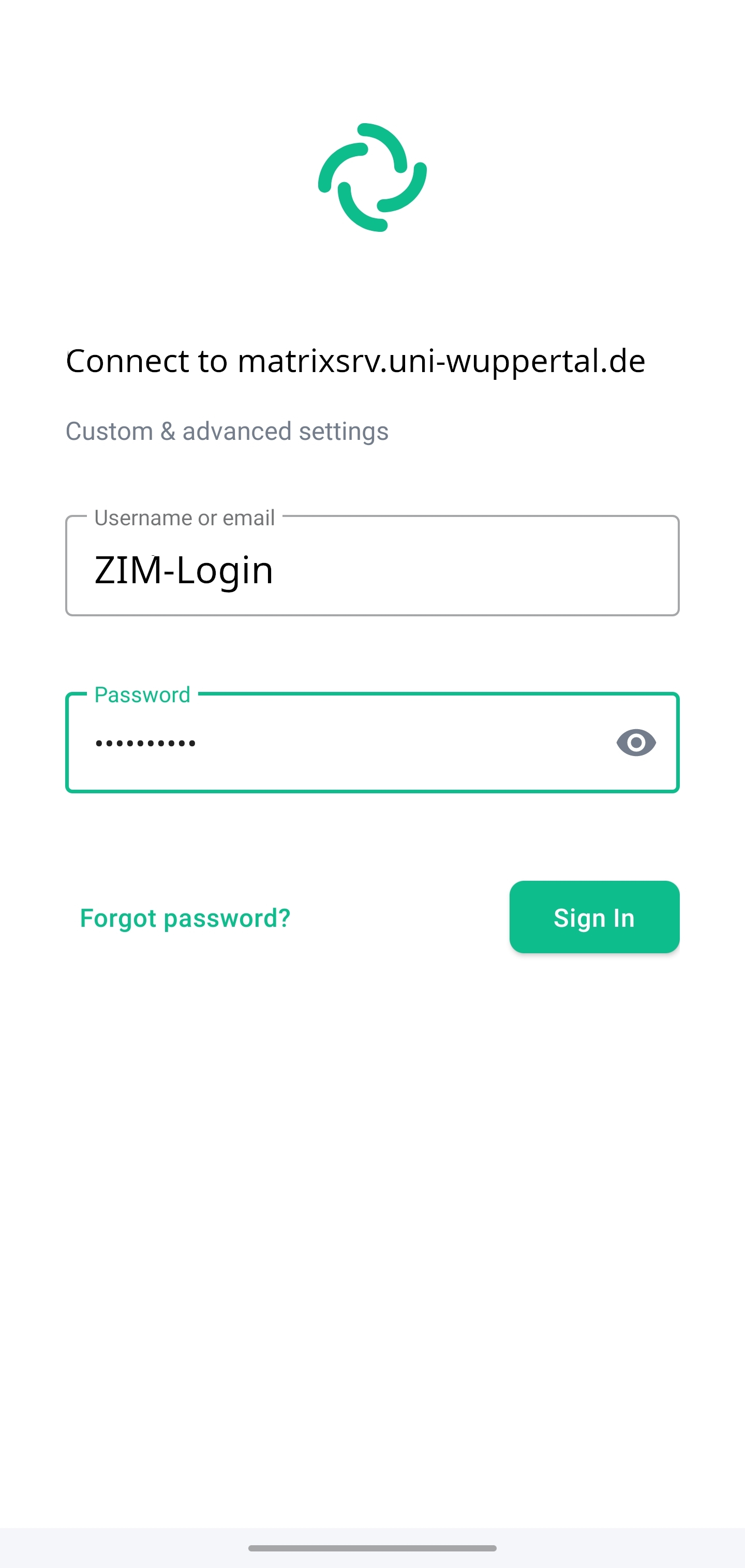 The “Connect to matrixsrv.uni-wuppertal.de” screen expects the ZIM login to be entered in the “User name or email address” text field and the ZIM password to be entered in the “Password” text field. To connect, there is a “Login” button on the display.