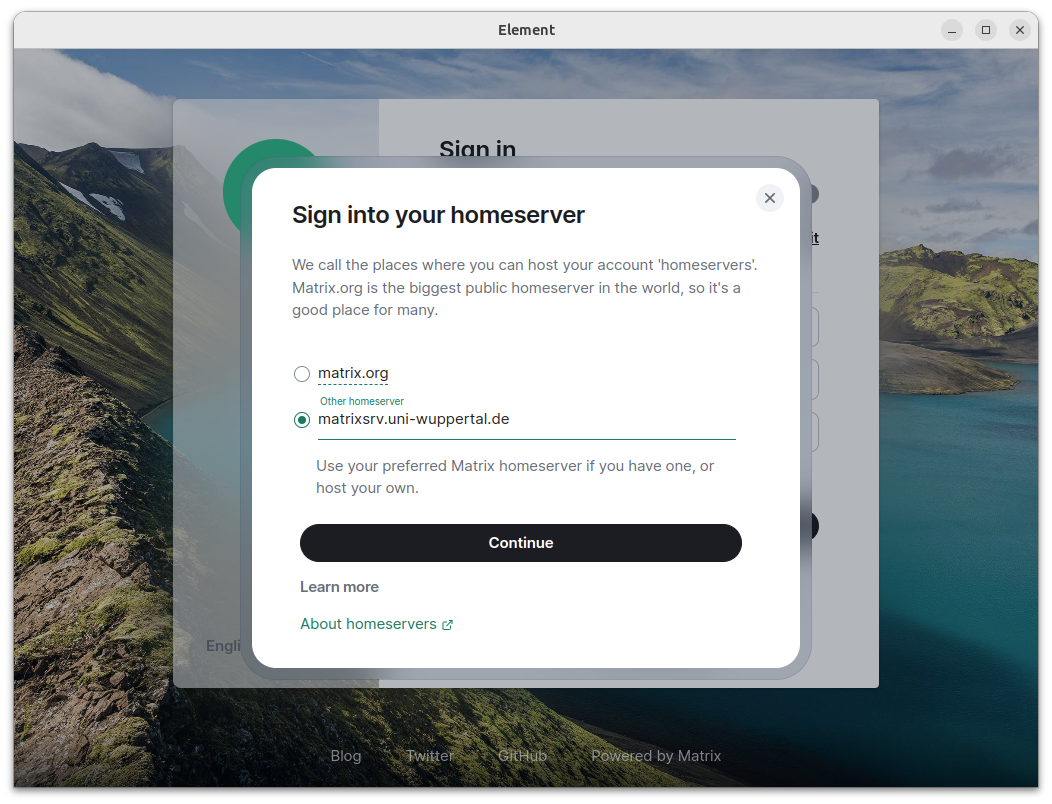 Input field for changing the home server by entering matrixsrv.uni-wuppertal.de