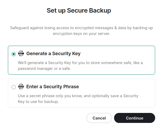 Request to generate the security key or enter a security phrase