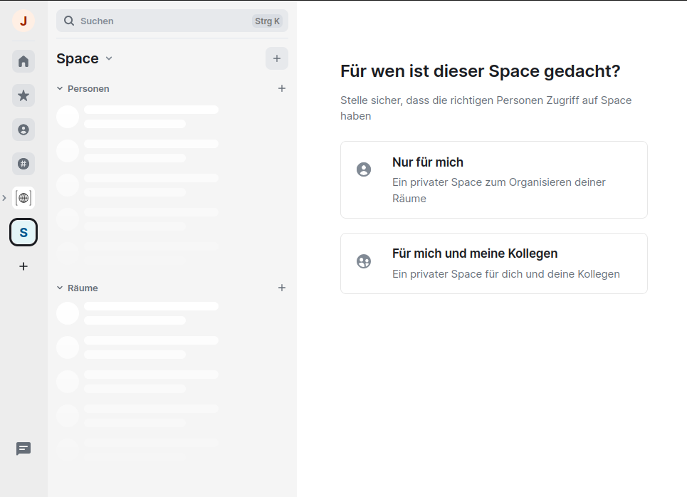 Konfiguration für einen privaten oder persönlichen Space starten?